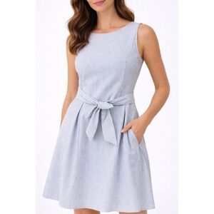 Anne Klein Seersucker Dress Size 12 Fit Flare Striped Tie Waist Sleeveless